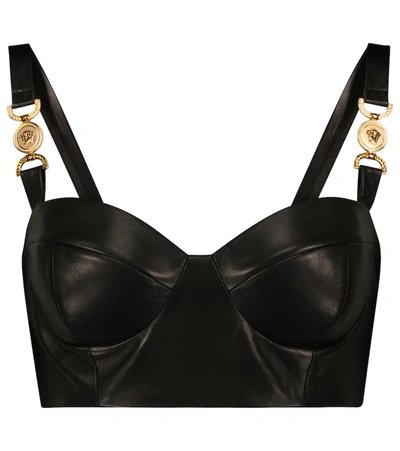 Versace Embellished Leather Bustier Top In Nero