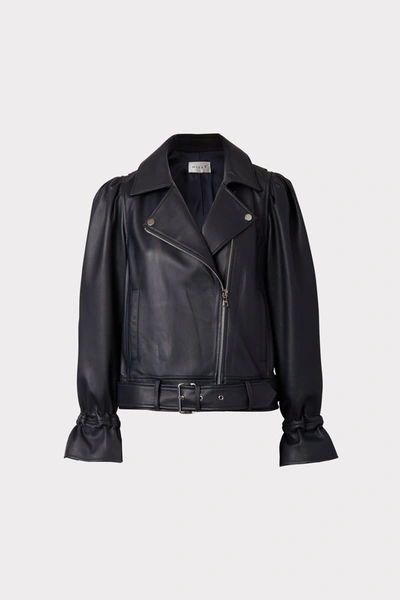 Milly Yvonna Cropped Leather Jacket In Navy