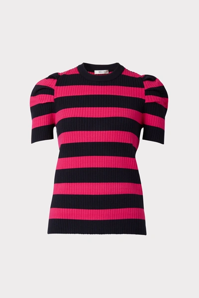 Milly Striped Tuck Pullover In Navy/pink