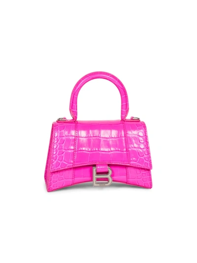 Balenciaga Xs Hourglass Croc-embossed Leather Top Handle Bag In Lipstick Pink/silver
