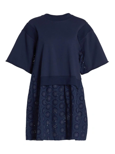See By Chloé Broderie Anglaise Cotton Sweatshirt Dress In Royal Navy