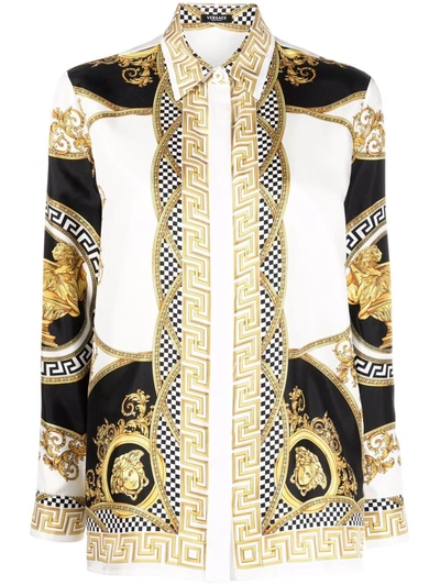 Versace La Coupe Des Dieux Print Silk Shirt In White,black,gold