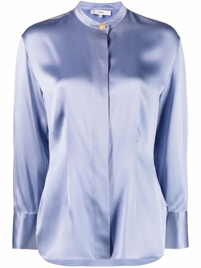 Vince Mandarin Collar Silk Shirt In Blue
