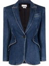 Alexander Mcqueen Women's Medium Wash Single-breasted Padded-shoulders Stretch-denim Jacket In Blau