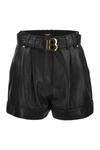 Balmain High Waist Lambskin Leather Belted Shorts In Black
