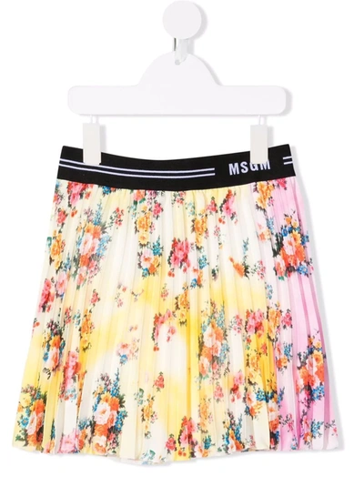 Msgm Kids' Multicolored Pleated Skirt With Floral Print In Pink