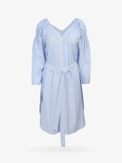 Stella Mccartney Belted Pinstriped Cotton-poplin Dress In Light Blue
