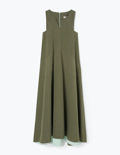 A Line Long Dress With Contrast Hem In Green