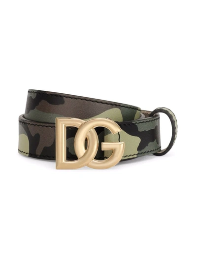 Dolce & Gabbana Kids Leather Camouflage Logo Belt In Green