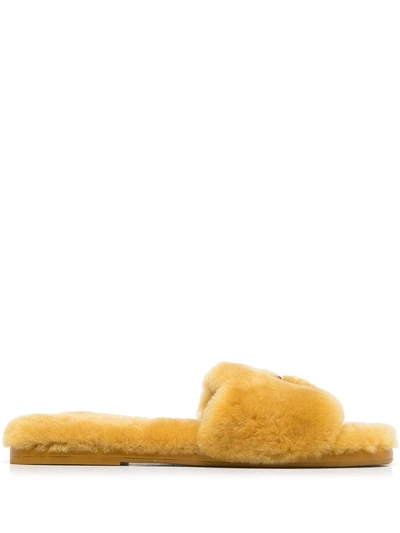 Tory Burch Logo-patch Fur Sliders In Yellow