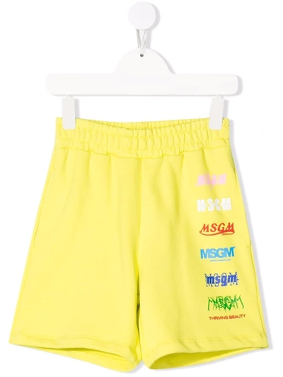 Msgm Kids' Multiple Logo-print Shorts In Yellow