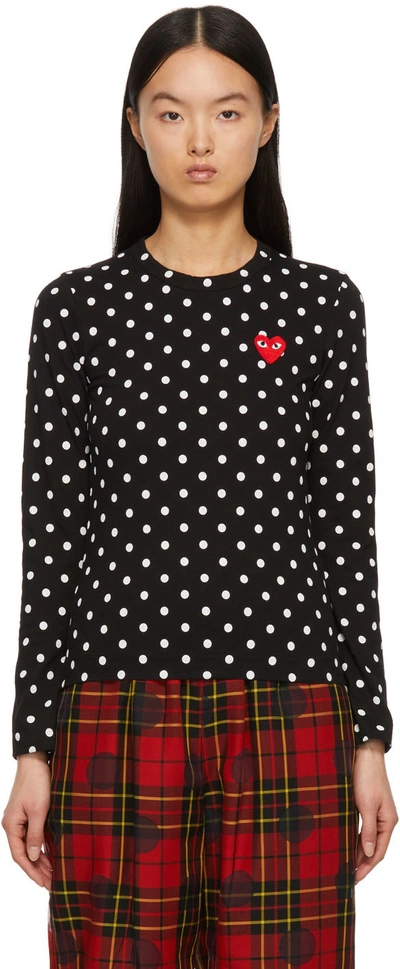 Comme Des Garçons Play Long Sleeve Polka Dot T-shirt With Chest Little Red Heart Embroidery In Black