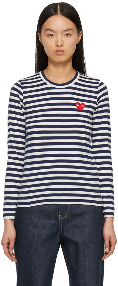 Comme Des Garçons Play Navy & White Striped Heart Patch Long Sleeve T-shirt In Navy/white