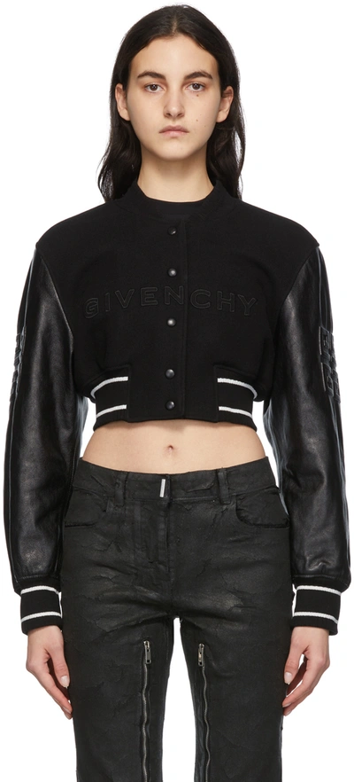 Givenchy Cropped Embroidered Wool-blend Fleece And Leather Bomber Jacket In Black,white