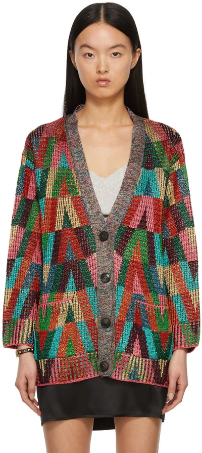 Valentino Intarsia-knit Logo Knitted Cardigan In Red,blue,green