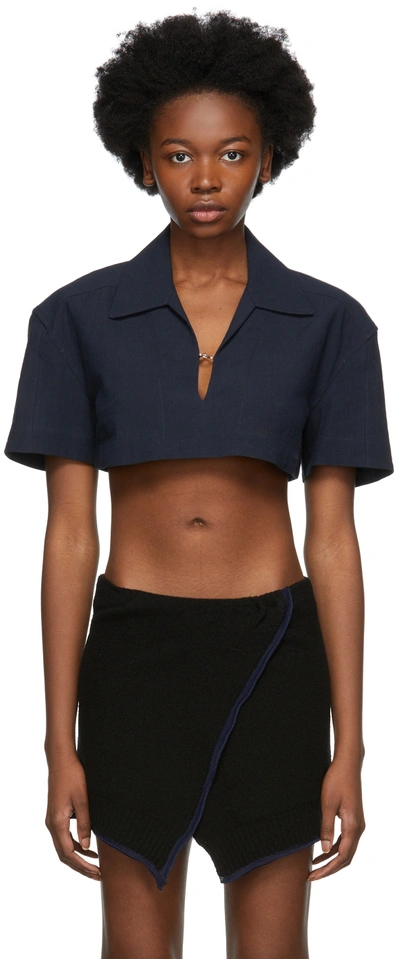 Jacquemus Le Haut Bebi Short-sleeve Hemp And Cotton-blend Top In Navy