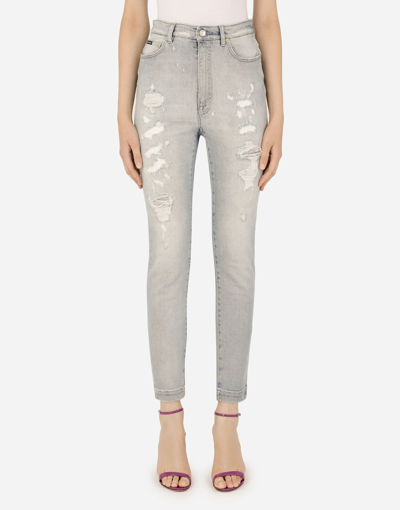Dolce & Gabbana Light Blue Denim Grace Jeans With Ripped Details In Gray