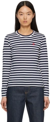 COMME DES GARÇONS PLAY NAVY & WHITE STRIPED SMALL HEART PATCH LONG SLEEVE T-SHIRT