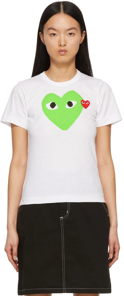 Comme Des Garçons Play White & Green Large Double Heart T-shirt