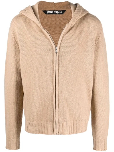 Palm Angels Curved Logo Zip-up Knitted Hoodie In Neutrals