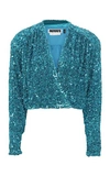 Rotate Birger Christensen Aurelia Cropped Sequined Stretch-jersey Wrap Top In Blue