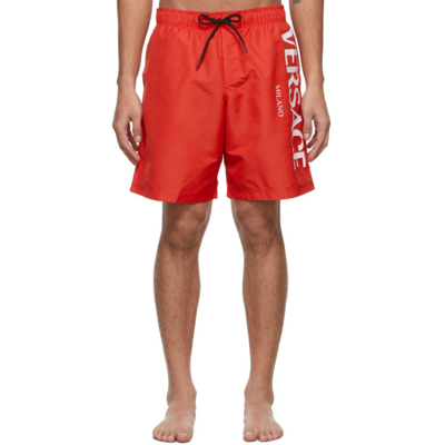 Versace Red Logo Long Swim Shorts