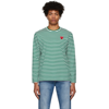 COMME DES GARÇONS PLAY GREEN & WHITE STRIPED HEART PATCH LONG SLEEVE T-SHIRT