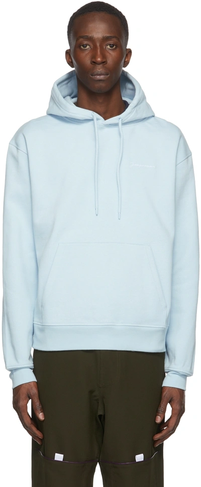 Jacquemus Logo-embroidered Organic-cotton Hooded Sweatshirt In Light Blue