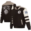 JH DESIGN JH DESIGN BLACK BROOKLYN NETS STRIPE COLORBLOCK NYLON REVERSIBLE FULL-SNAP JACKET