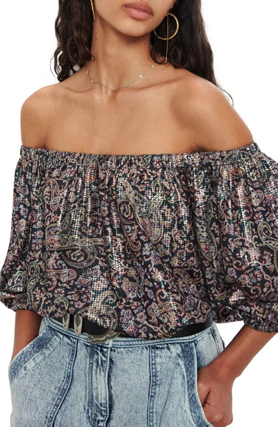 Ba&sh Gustave Off-the-shoulder Metallic Paisley-print Jersey Top In Black