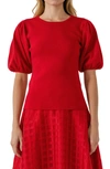 English Factory Short Puff Sleeves Sweater Top In Red