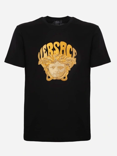 Versace Medusa Embroidery Cotton Jersey T-shirt In Black