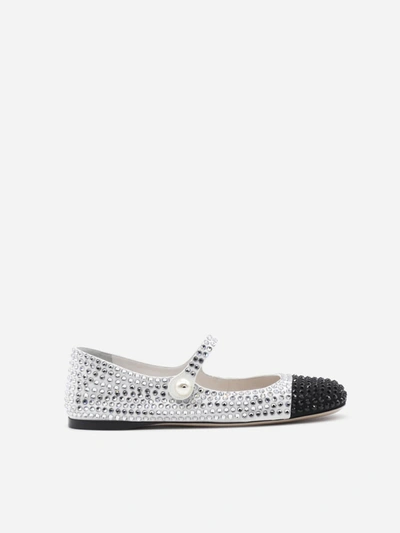 Miu Miu Leather Ballet Flats With All-over Crystal Details In Silver, Black