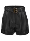 Balmain High Waist Lambskin Leather Belted Shorts In Black