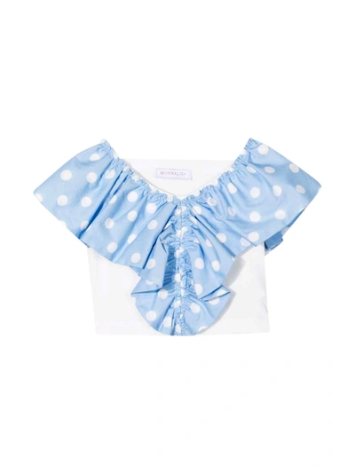 Monnalisa Kids' White Top With Light Blue Rouches