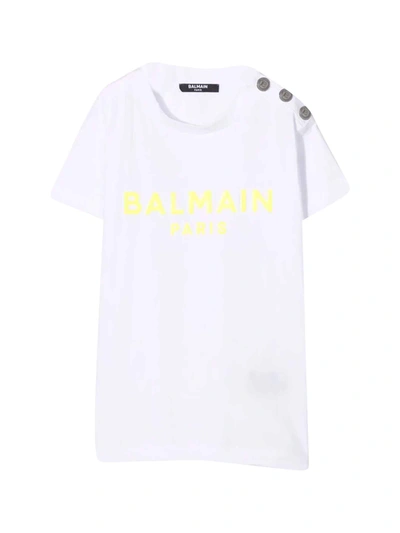 Balmain White Teen T-shirt With Yellow Print In Bianco/giallo
