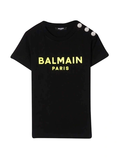 Balmain Kids' Black T-shirt With Yellow Print In Nero/giallo