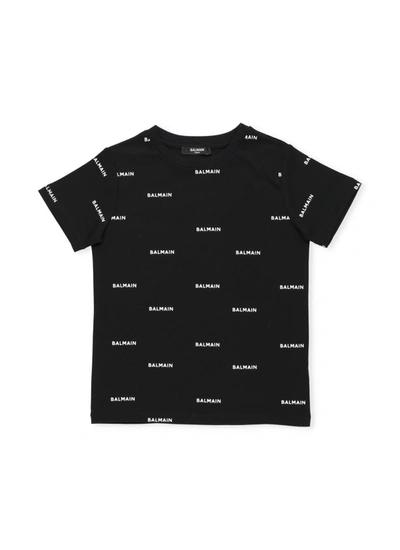Balmain Kids' Boy's Allover Logo-print Cotton T-shirt In Nero/bianco
