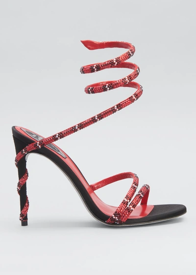 René Caovilla Cleo Snake-print Strass Ankle-wrap Sandals In Red