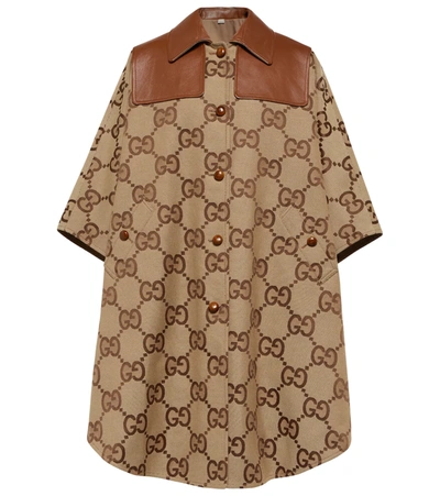 Gucci Gg-monogram Leather-trim Coat In Camel/mix