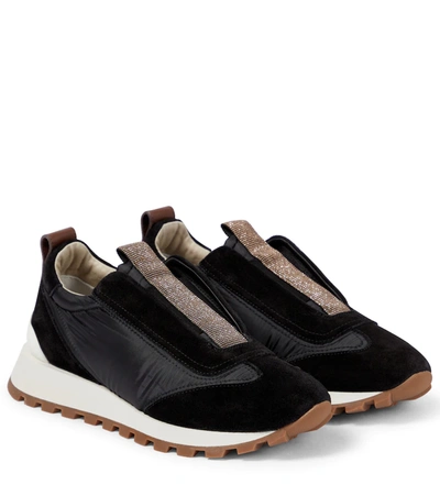 Brunello Cucinelli Embellished Suede-paneled Sneakers In Black