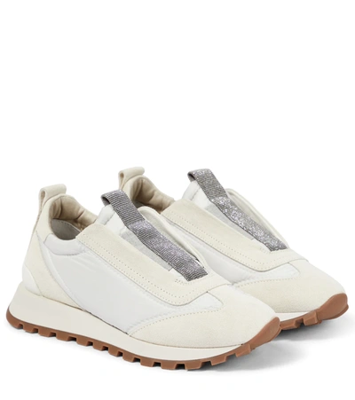 Brunello Cucinelli Embellished Suede-paneled Sneakers In White
