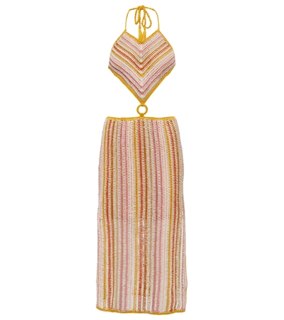 Anna Kosturova Ring Halterneck Crochet Dress In Sunset Pinstripe