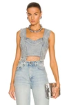 Ganni Cropped Bead-embellished Organic Denim Top In Tint Wash