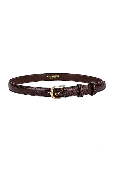 Nili Lotan Jane Croc Belt In Dark Brown & Shiny Brass Buckle