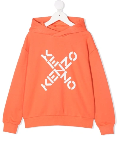 Kenzo Kids' Orange Boy Sweatshirt With Logo Print On The Front, Hood, Long Sleeves, Elasticated Cuffs And Elasti In Arancione