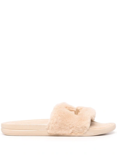 Apl Athletic Propulsion Labs Logo-embroidered Shearling Slide Sandals In Brown