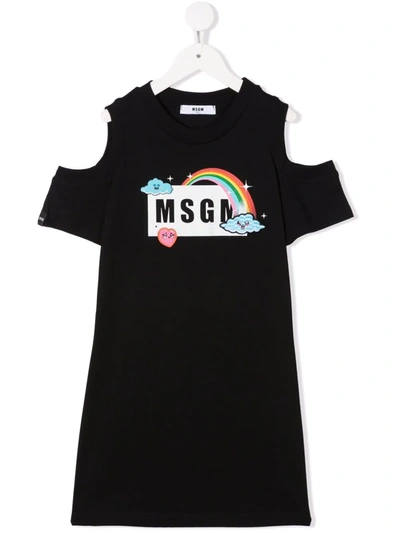 Msgm Kids' Cold-shoulder Graphic T-shirt Dress In Black