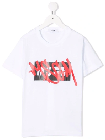 Msgm Kids' Graffiti-logo T-shirt In Bianca