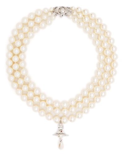 Vivienne Westwood Three Row Pearl Drop Choker Platinum In White